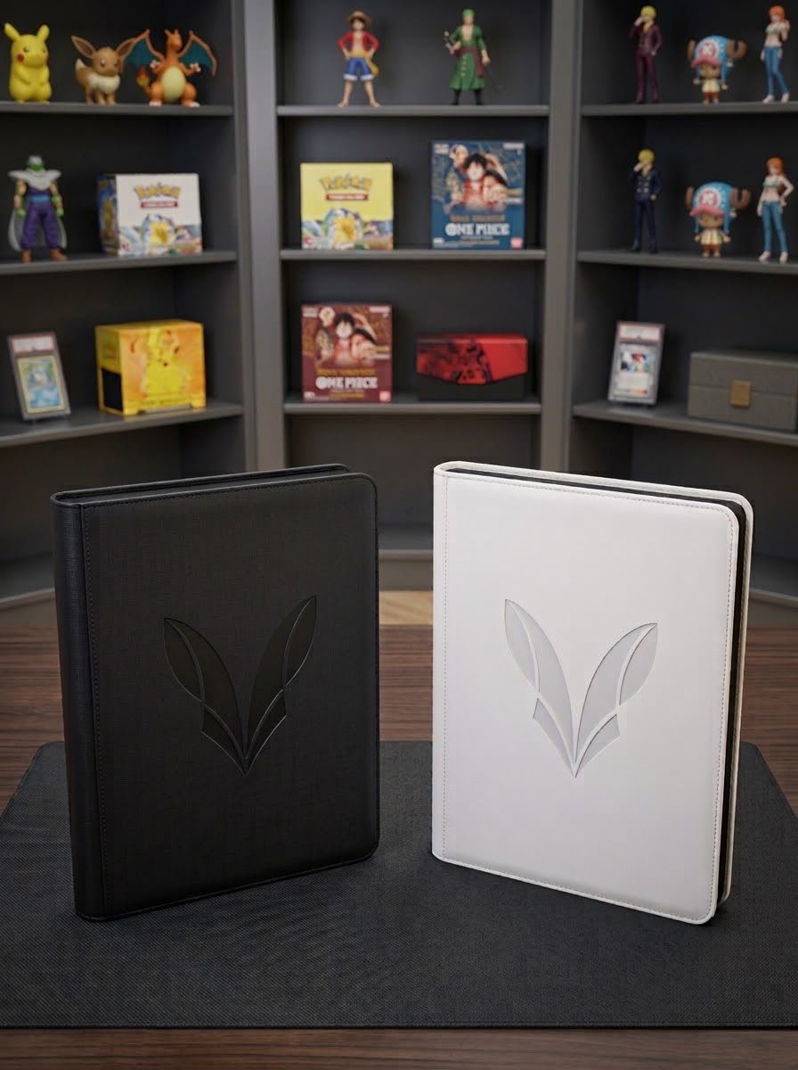 Binders KITSUNE TGC noir et blanc posés devant une étagère de collection
